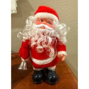 Vintage Santa Claus Figurine With Bell Red & White Plush Suit 10" Tall